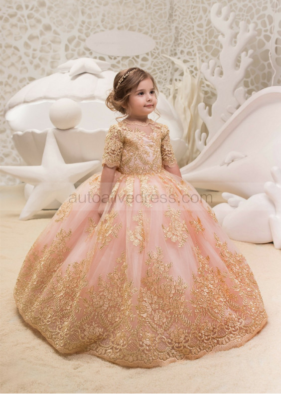 Elbow Sleeves Gold Lace Tulle Long Flower Girl Dress